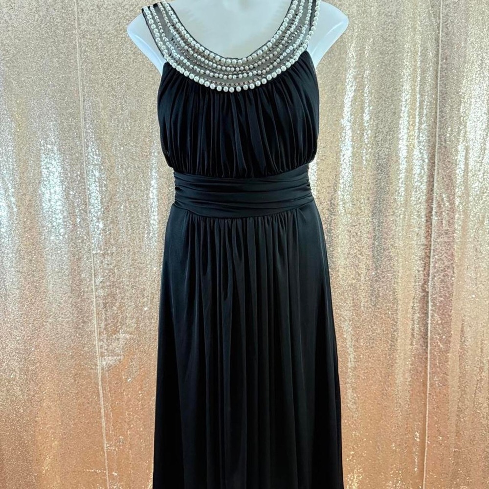 Black Beaded Halter Dress Pearl Neckline Sheer Formal Gown/Sizes S-M-L-XL